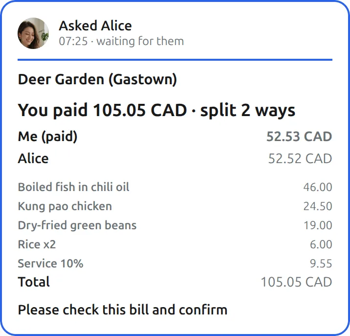 The Mushare card in Your Muse: (Receipt attached) Split this one with Alice evenly, service charge pro rata, and send it to her