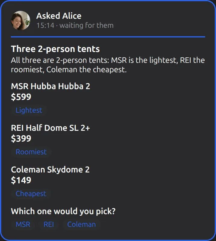 The Mushare card in Your Muse: Send the three tents to Alice and ask which one she'd pick