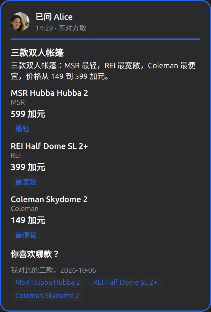 你的 Muse里的 Mushare 卡片：把这三款帐篷发给 Alice，问她选哪个