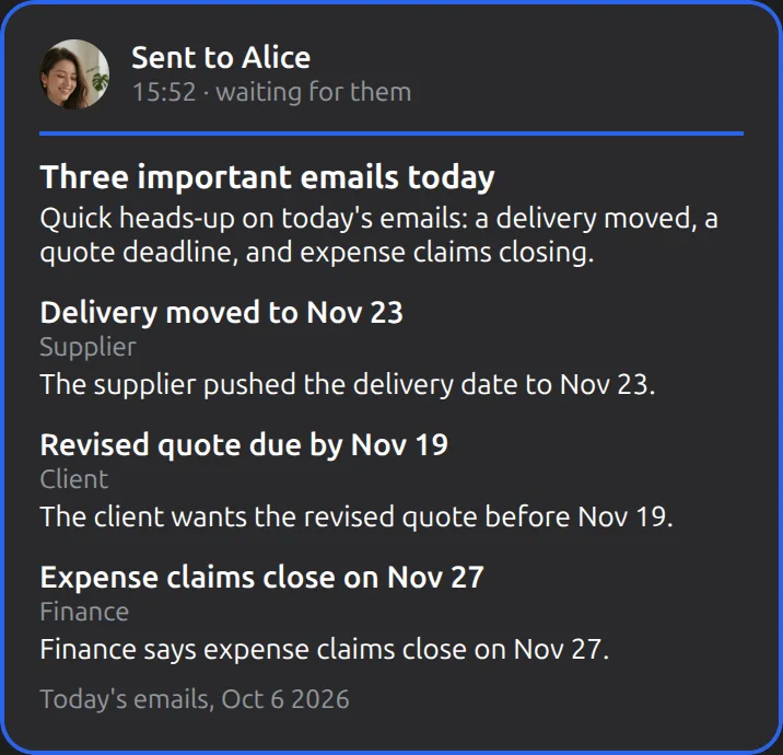 The Mushare card in Your Muse: Send Alice the gist of these emails