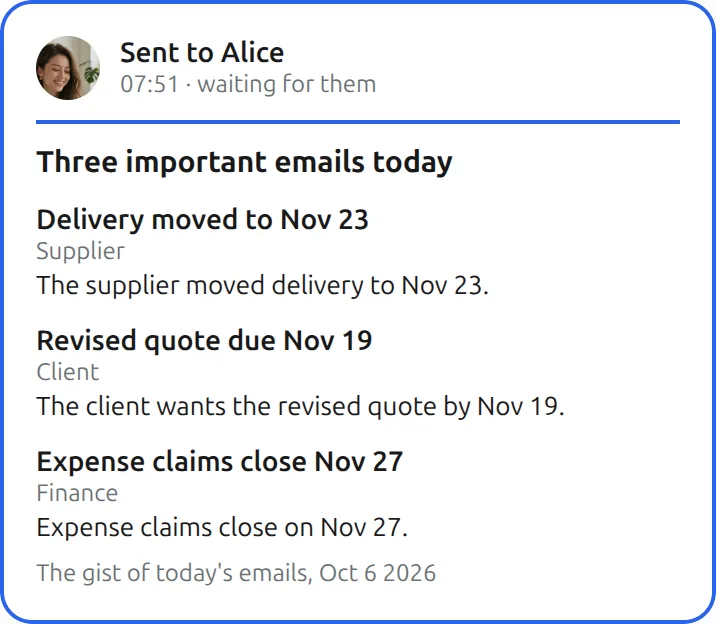 The Mushare card in Your Muse: Send Alice the gist of these emails