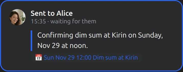 The Mushare card in Your Muse: Confirm dim sum with Alice at Kirin on Sunday, Nov 29 at noon and add it to both calendars