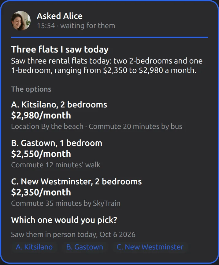 The Mushare card in Your Muse: Send the three flats to Alice and ask which one she'd pick