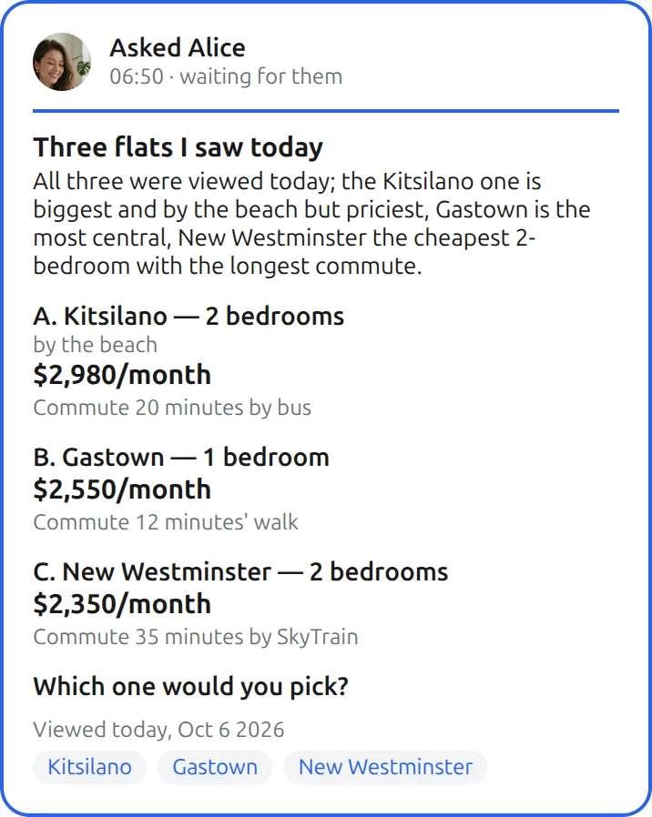 The Mushare card in Your Muse: Send the three flats to Alice and ask which one she'd pick
