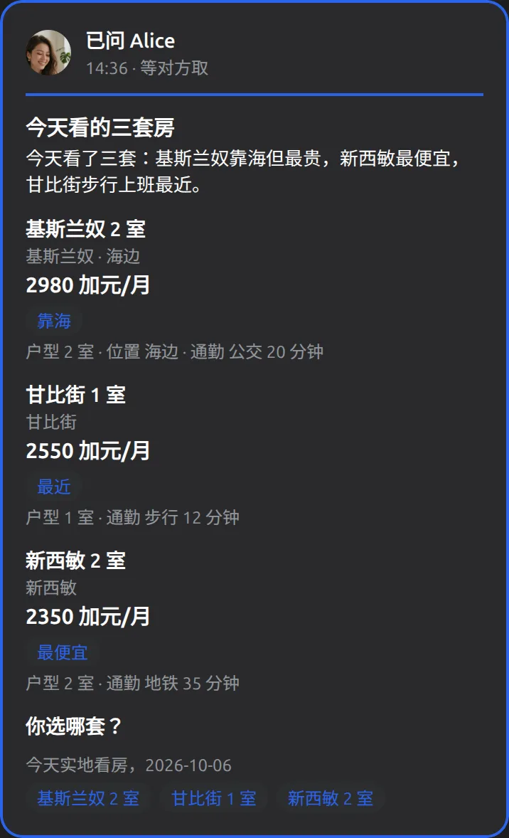 你的 Muse里的 Mushare 卡片：把这三套房子发给 Alice，问她选哪套