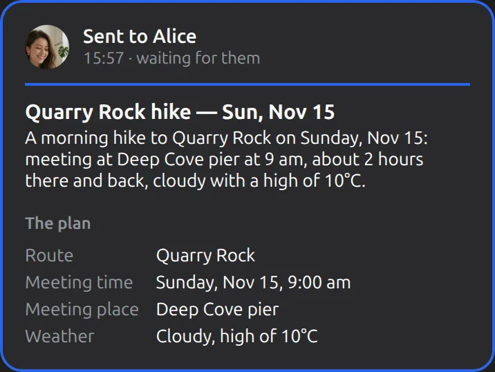 The Mushare card in Your Muse: Send Alice the route, meeting time and weather