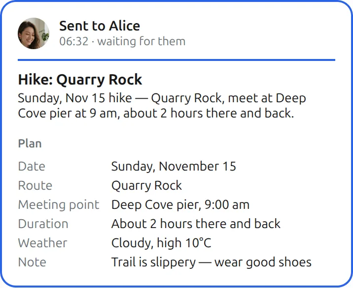The Mushare card in Your Muse: Send Alice the route, meeting time and weather