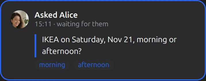 The Mushare card in Your Muse: Ask Alice: IKEA on Saturday, Nov 21, morning or afternoon? Give her the two options