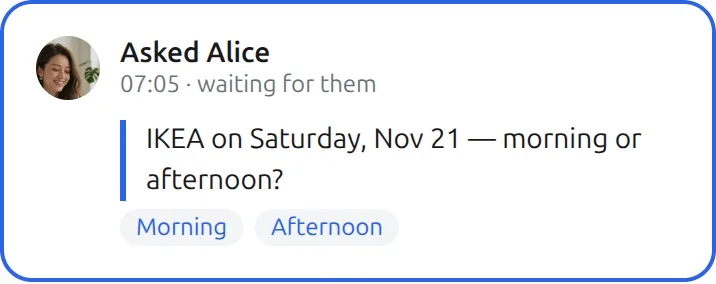 The Mushare card in Your Muse: Ask Alice: IKEA on Saturday, Nov 21, morning or afternoon? Give her the two options