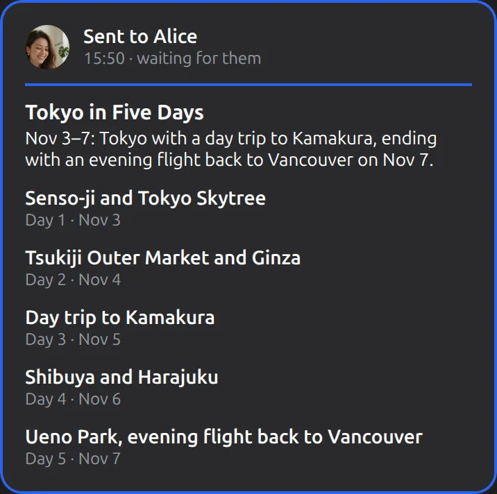 The Mushare card in Your Muse: Send the Tokyo plan to Alice