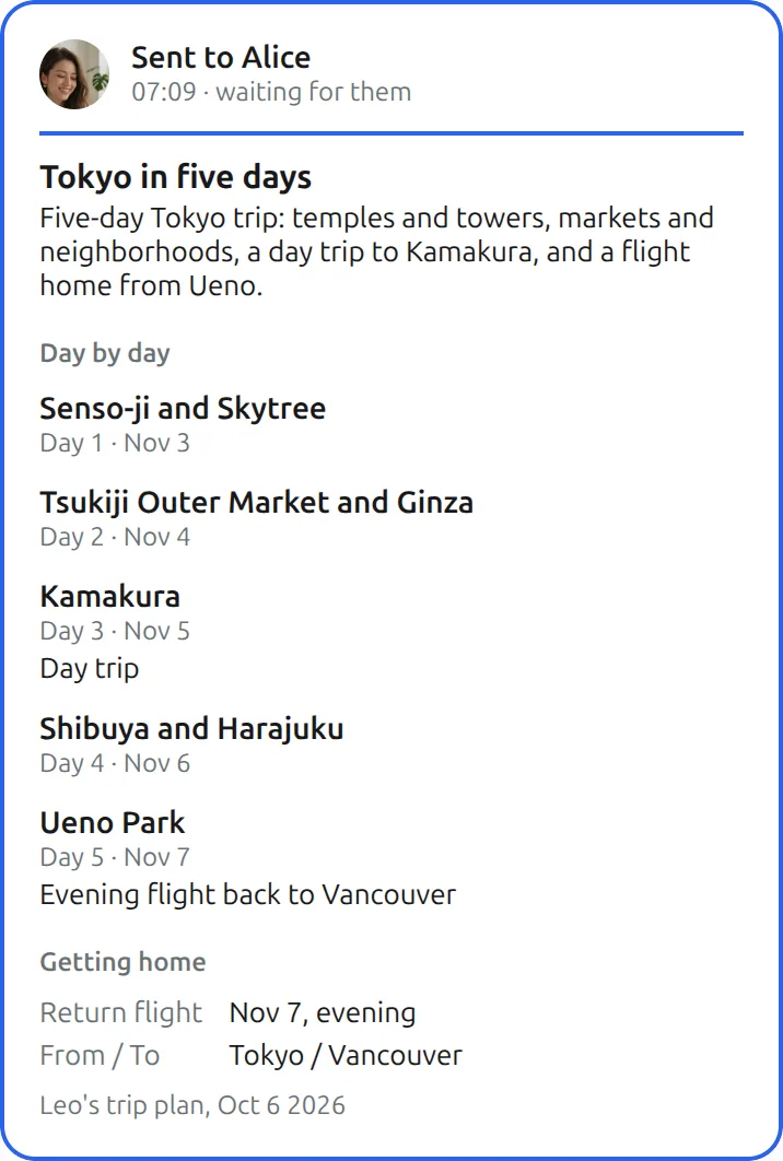 The Mushare card in Your Muse: Send the Tokyo plan to Alice